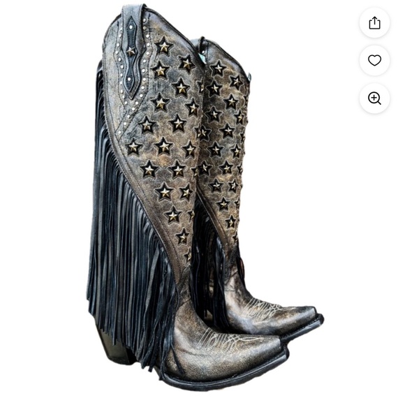 Corral Boots- Star-Studded Embroidered Fringe Cut Snip Toe Boots- Black- 9 - Picture 1 of 6